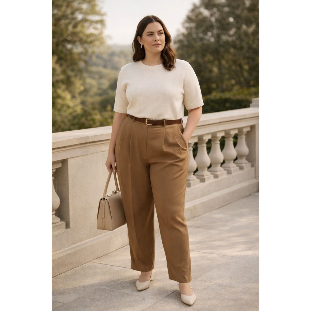 Eileen Fisher Women Neutral Brown‎ Pleated Trousers Sz12 Old Money Quiet Luxury